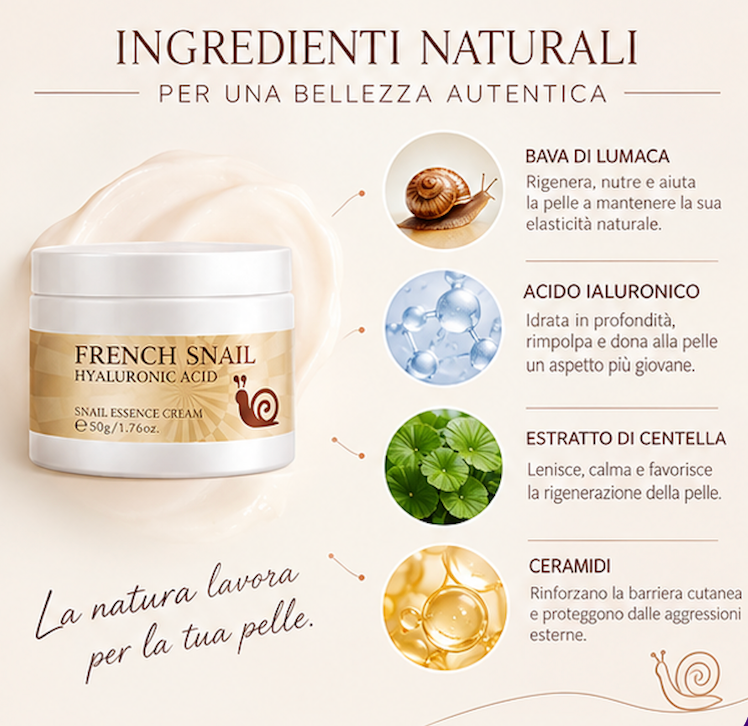 Ingredienti naturali: Bava di Lumaca, Acido Ialuronico, Centella, Ceramidi